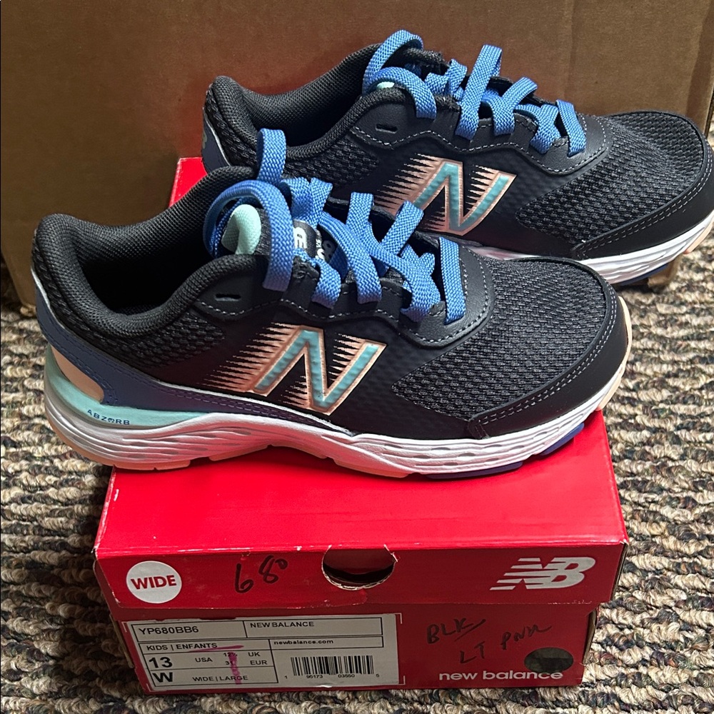 New Balance Kids' Black and Light Blue Sneakers